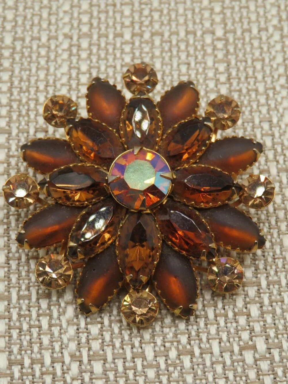 Vintage Judy Lee Amber Brown Rhinestone Floral Brooch